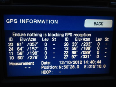 GPS Informace v servisním menu