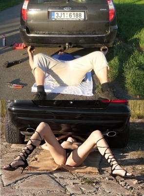 Boban opravující výfuky inspirován jednou nechvalně známou fotkou :-D