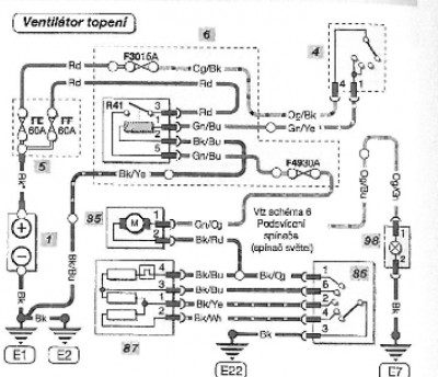 Schéma z fordu Fusion,je zde lépe zobrazen onen rezistor. Defakto stejnej princip... č. 87 je ten rezistor a č. 85 je ventylátor.